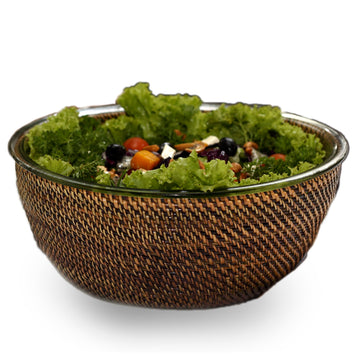Rattan and Glass Salad Bowl