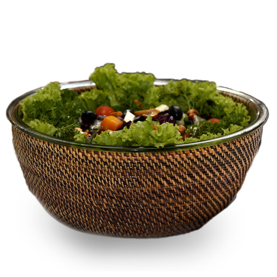 Rattan and Glass Salad Bowl