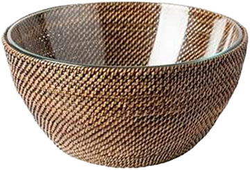 Hand Woven Rattan and Glass Salad Bowl 4 Qt.
