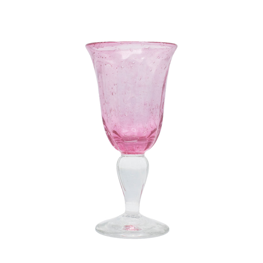 2 Hand Blown Mexican Pink And Clear Heavy Wine Water Goblet Bubble Glass